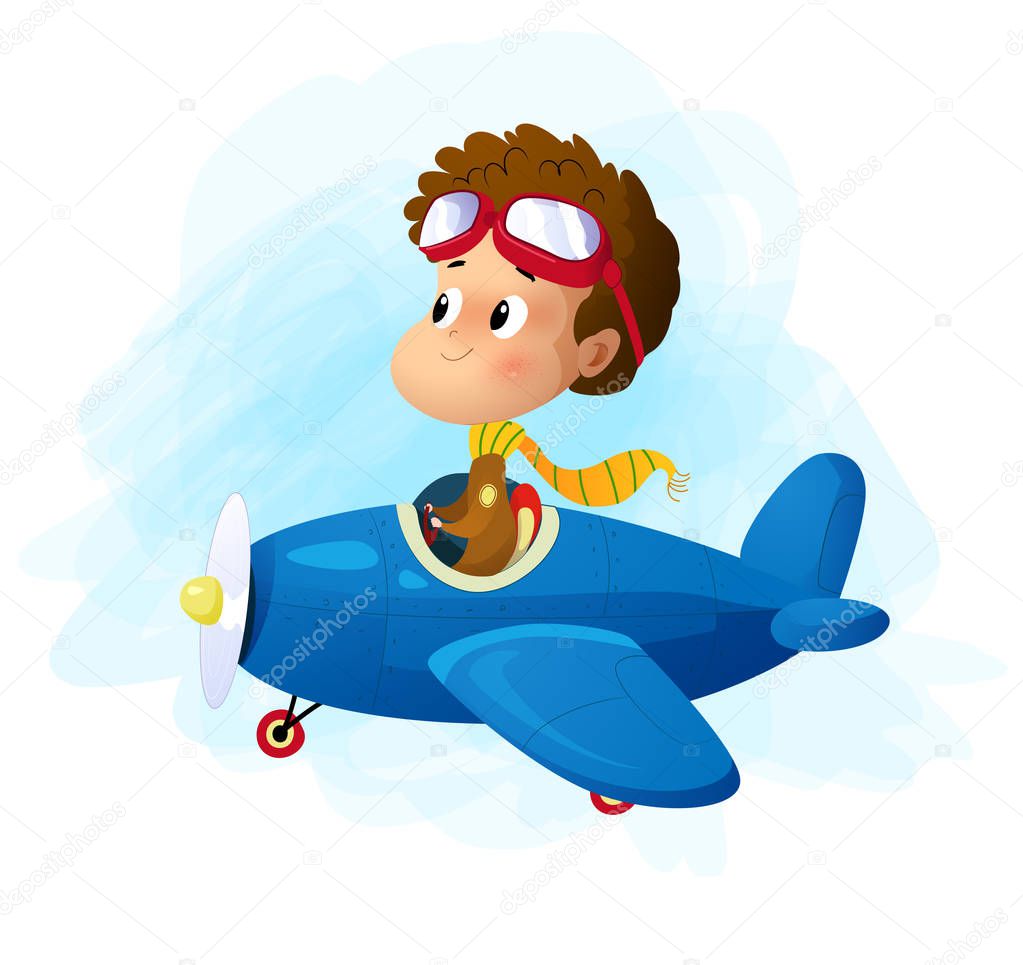 Cute cartoon boy flying plane. Vector illustration