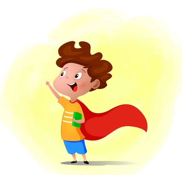 Мультфильм, в котором ребенок играет супергероя с книгой — стоковый вектор