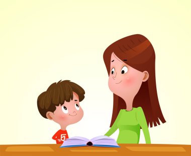 Anne ve oğlu birlikte kitap okudular.
