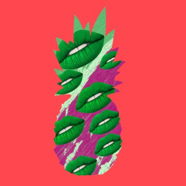 Çağdaş sanat kolaj. Ananas ve yeşil dudakları.
