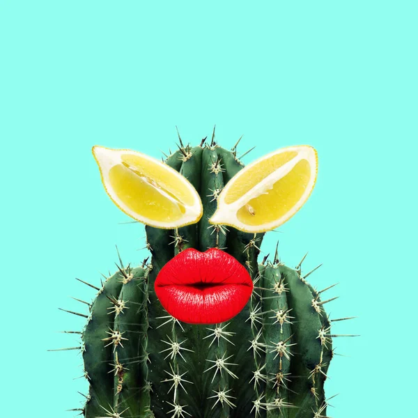 Kolase Seni Kontemporer Konsep Cactus Dengan Mata Lemon Dan Bibir — Stok Foto