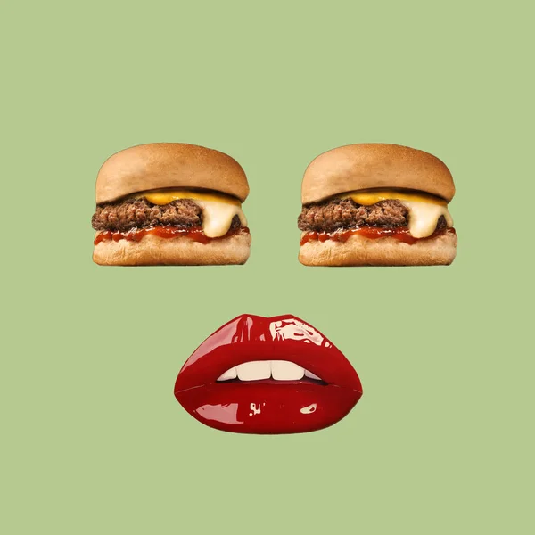 Collage Zeitgenössischer Kunst Hamburger Augen Und Rote Lippen — Stockfoto