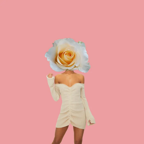 Collage Arte Contemporáneo Mujer Con Rosa Como Cabeza —  Fotos de Stock