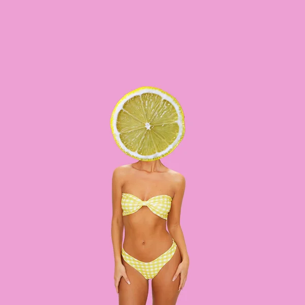 Colagem Arte Contemporânea Mulher Com Cabeça Limão — Fotografia de Stock