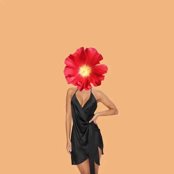 当代艺术拼贴画 以花为头的概念女士 — 图库照片
