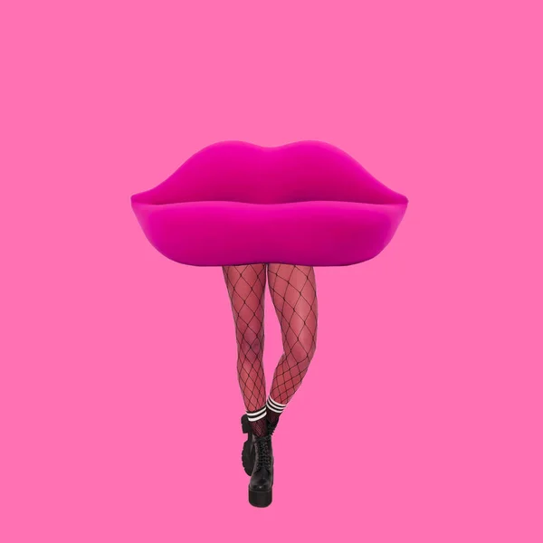 Contemporary Art Collage Pink Sofa Lips Woman Legs — Stock Photo, Image