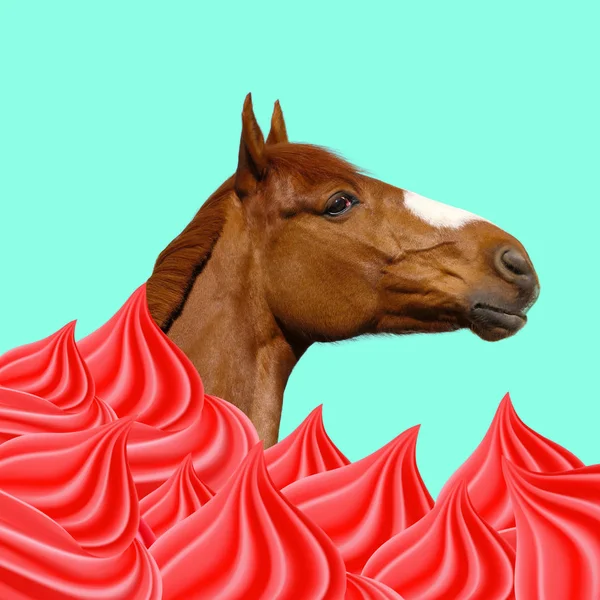 Collage Arte Contemporáneo Caballo Asomándose Crema — Foto de Stock