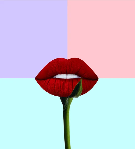 Contemporary Art Collage Concept Lips Rose — Stock Photo, Image