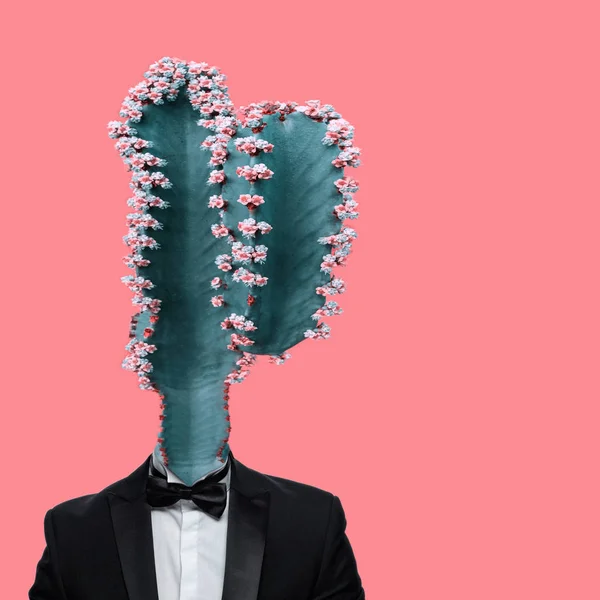 Kolase Seni Kontemporer Setelan Pria Dengan Kepala Kaktus — Stok Foto