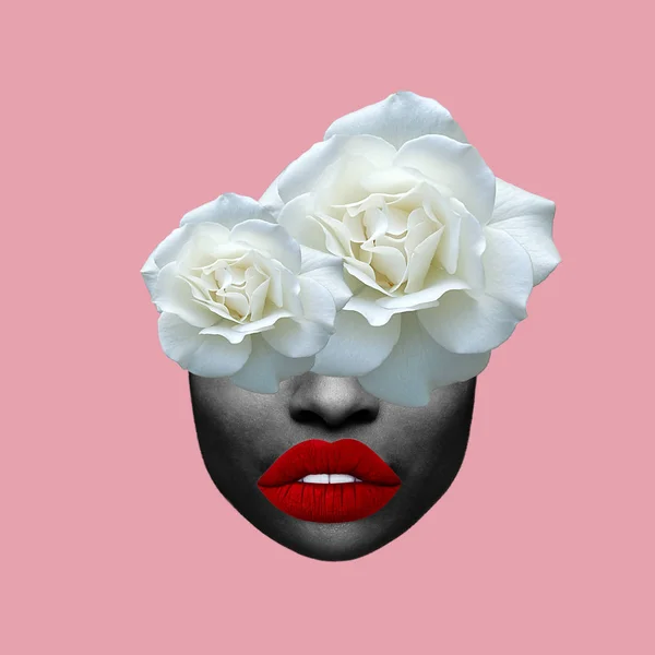 Kolase Seni Kontemporer Wanita Dengan Mawar Putih Kepala Stok Foto Bebas Royalti