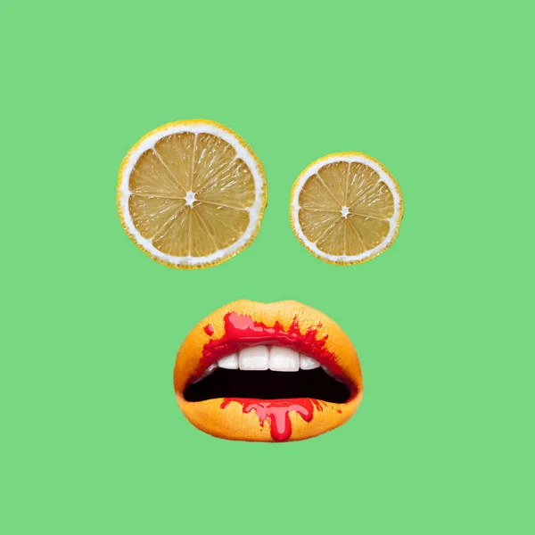 現代美術のコラージュ レモンの唇と目 — ストック写真