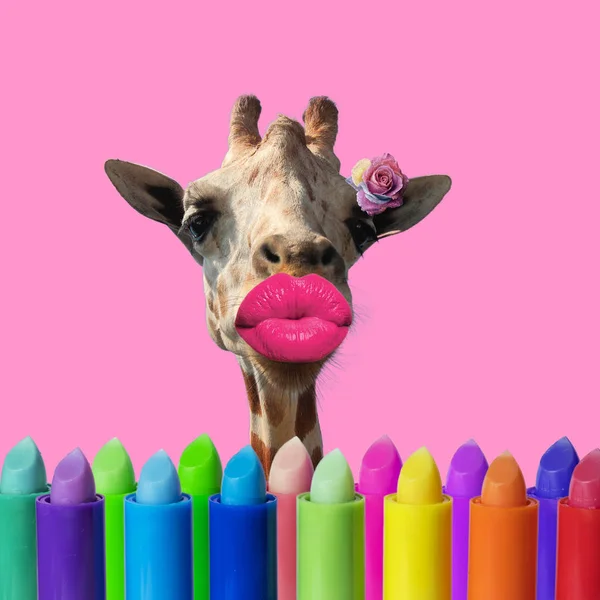 Contemporary art collage. Giraffe with lips and flower on head.