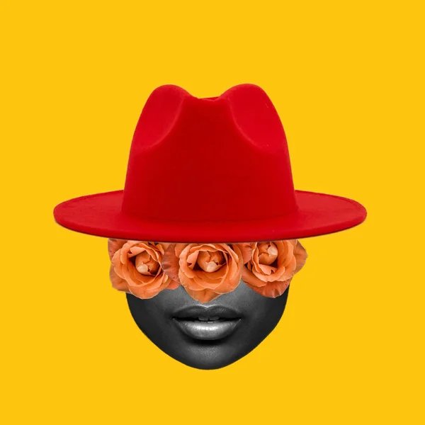 Collage Arte Contemporanea Concetto Signora Con Rose Arancioni Cappello Rosso — Foto Stock