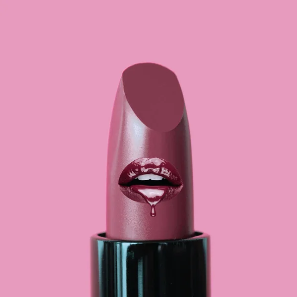 Kolase Seni Kontemporer Lipstik Tabung Dengan Bibir — Stok Foto