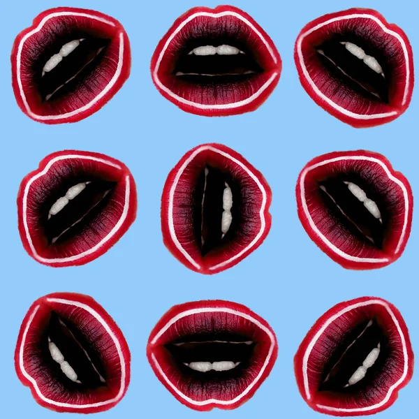 Red lips pattern on blue background.