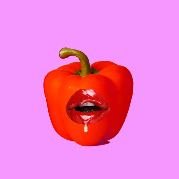 Collage Zeitgenössischer Kunst Konzept Pfeffer Mit Glänzenden Lippen — Stockfoto