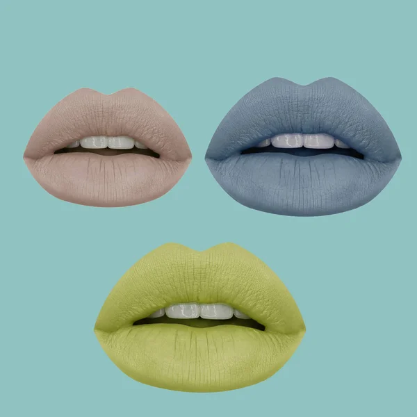 Set Bibir Berwarna Warni Pada Latar Belakang Biru — Stok Foto