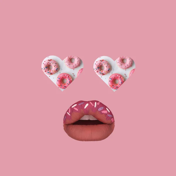 Contemporary Art Collage Concept Donuts Hearts Eyes Big Lips — Stock Photo, Image