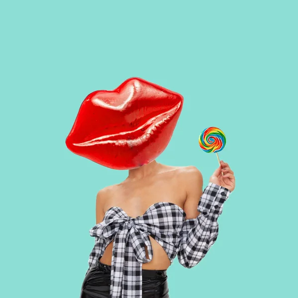 Woman with lollipop and red lip as a head.
