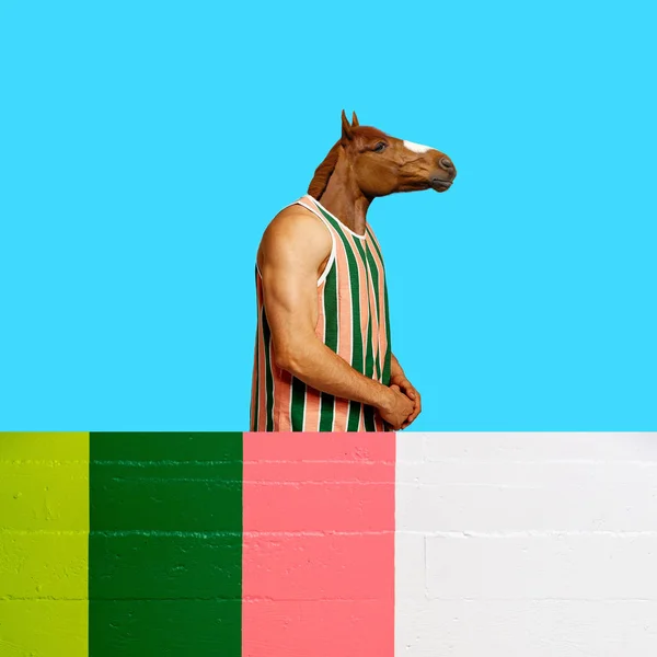 Kolase Seni Kontemporer Pria Dengan Kepala Kuda Stok Foto