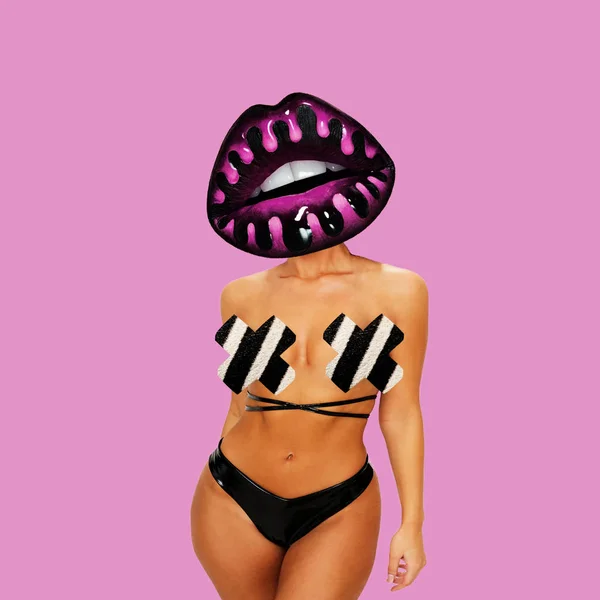 Collage Arte Contemporáneo Mujer Sexy Con Cabeza Labio Imagen de stock