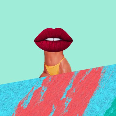 Çağdaş sanat kolaj. Kadın vücut parçası dudakları ile.