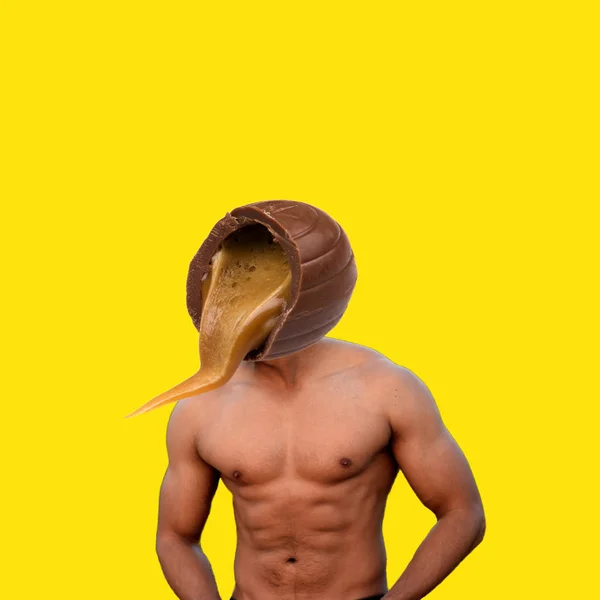 Contemporary Art Collage Fit Man Chocolate Head — Stock Photo, Image