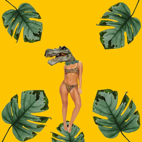 現代美術のコラージュ 恐竜の頭でビキニを着ている女性 — ストック写真