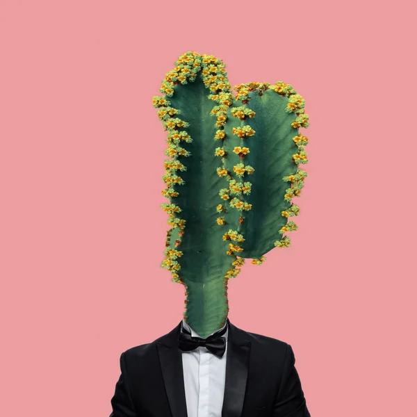 Kolase Seni Kontemporer Setelan Pria Dengan Kepala Bunga Kaktus Latar — Stok Foto
