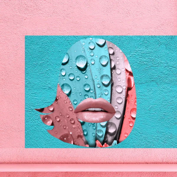 Collage Zeitgenössischer Kunst Form Des Weiblichen Kopfes Mit Lippen — Stockfoto