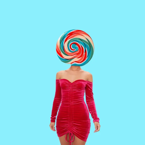 Colagem Arte Contemporânea Mulher Com Cabeça Pirulito — Fotografia de Stock
