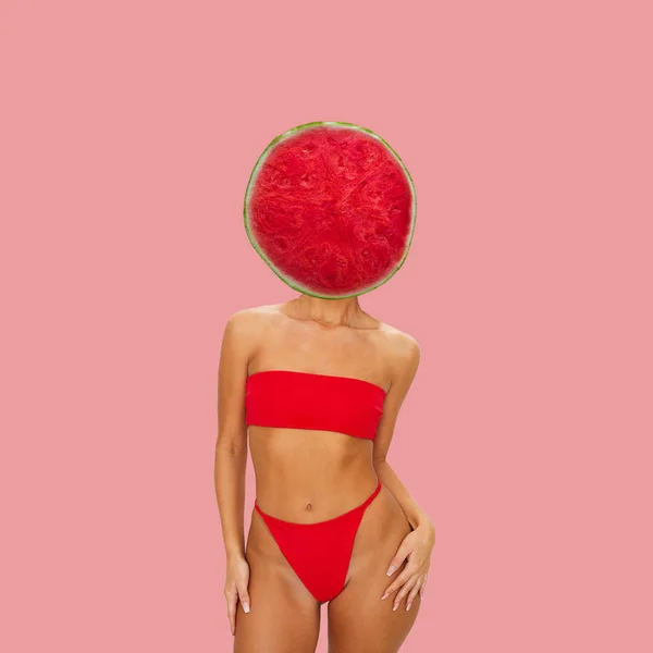 Abstract art collage. Lady with bikini and watermelon head.