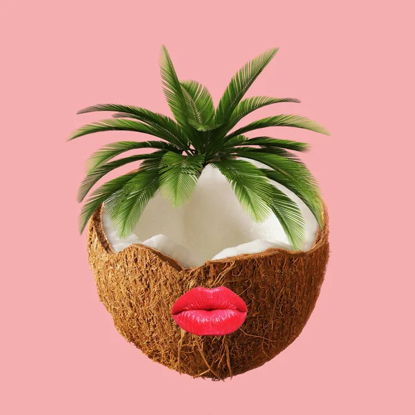 Contemporary Art Collage Coconut Palm Tree Red Lipos Stock Photo