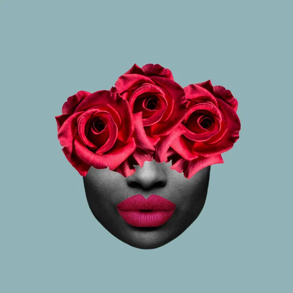 Kolase Seni Abstrak Wajah Dengan Bibir Merah Dan Mawar Stok Foto Bebas Royalti