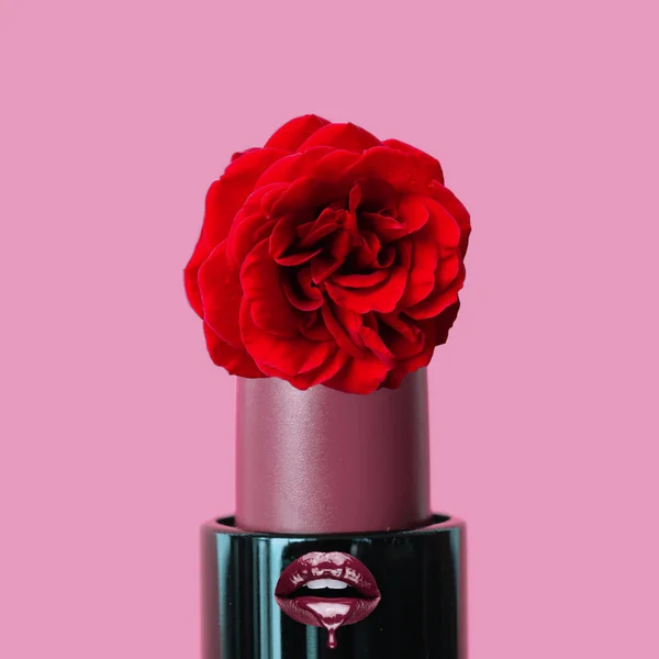Kolase Seni Abstrak Lipstik Dengan Mawar Merah Latar Belakang Merah — Stok Foto