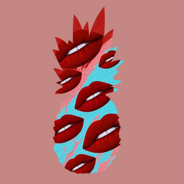 現代美術のコラージュ 赤い唇の内側とパイナップル — ストック写真