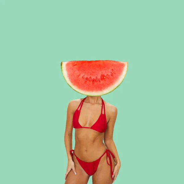 Hedendaagse Kunst Collage Concept Vrouw Het Dragen Van Bikini Met — Stockfoto