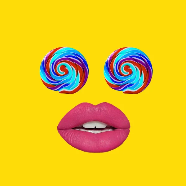 Abstrakt Konst Kollage Begreppet Lollipop Ögon Med Rosa Läppar Gul — Stockfoto