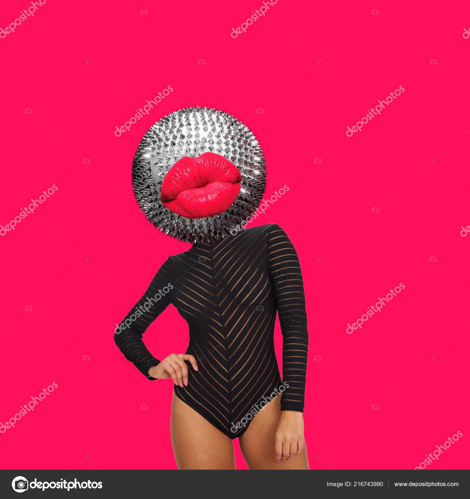 Contemporary Art Collage Concept Woman's Body Disco Ball Head Disco