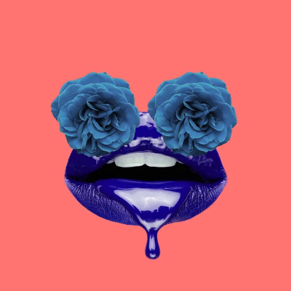 現代美術のコラージュ 青い光沢のある唇で花目 — ストック写真