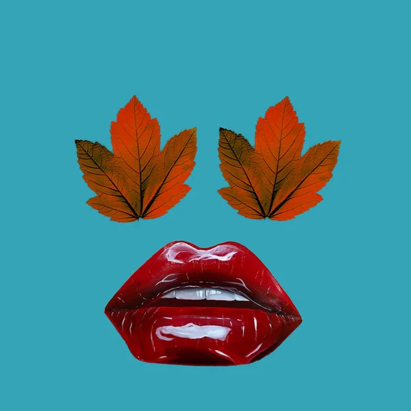 Collage Współczesnej Sztuki Oczy Liście Czerwonymi Ustami — Zdjęcie stockowe
