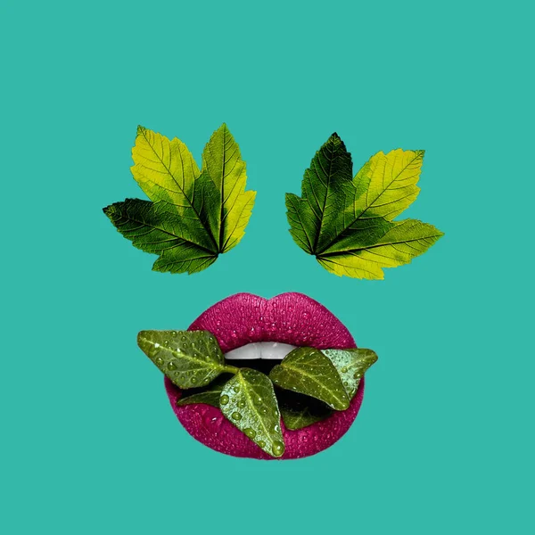 現代美術のコラージュ 目の赤い唇が葉を食べる葉します ストック写真