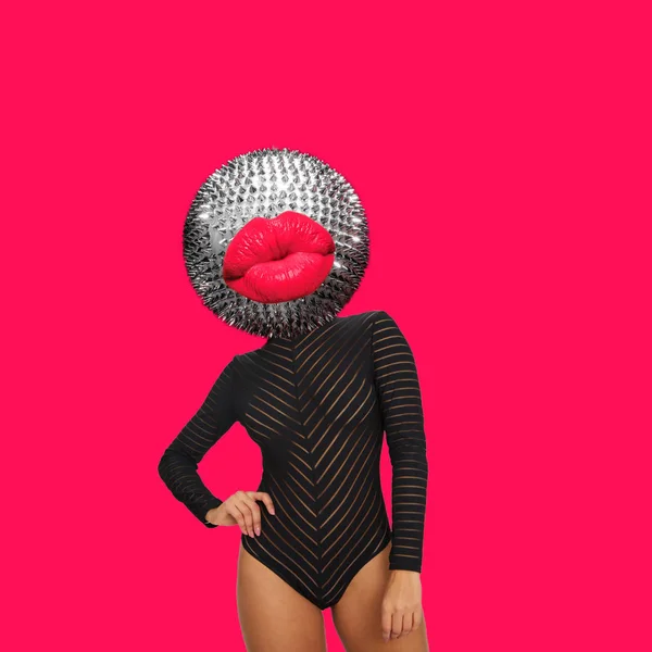 Contemporary Art Collage Concept Woman Body Disco Ball Head Disco Stock Photo
