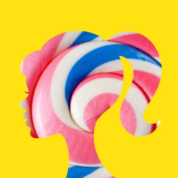 Kolase Seni Kontemporer Konsep Lolipop Kepala Gadis — Stok Foto