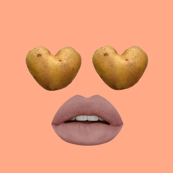 Kolase Seni Kontemporer Konsep Mata Kentang Jantung Dengan Bibir — Stok Foto
