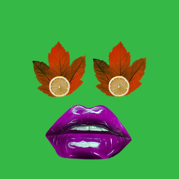 Kolase Seni Kontemporer Konsep Daun Dengan Lemon Dengan Bibir — Stok Foto