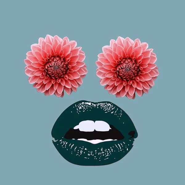 現代美術のコラージュ 唇と目の花のコンセプト ロイヤリティフリーのストック画像