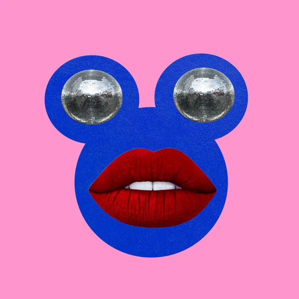 Kolase Seni Kontemporer Konsep Mata Bola Disko Dengan Bibir Merah — Stok Foto