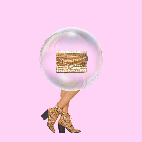 ピンクの背景にバブル バッグ ハイヒールの脚 — ストック写真