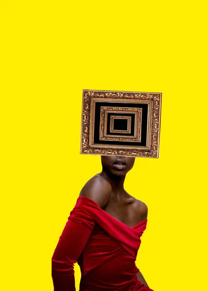 Contemporary art collage. Black woman with frame head.